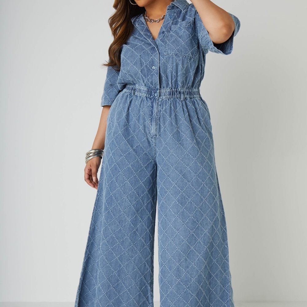 ISO - Textured Denim Wide Leg Jumpsuit